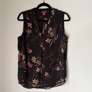 Vince Camuto Black Floral Sleeveless Blouse V-Neck Work Top Medium